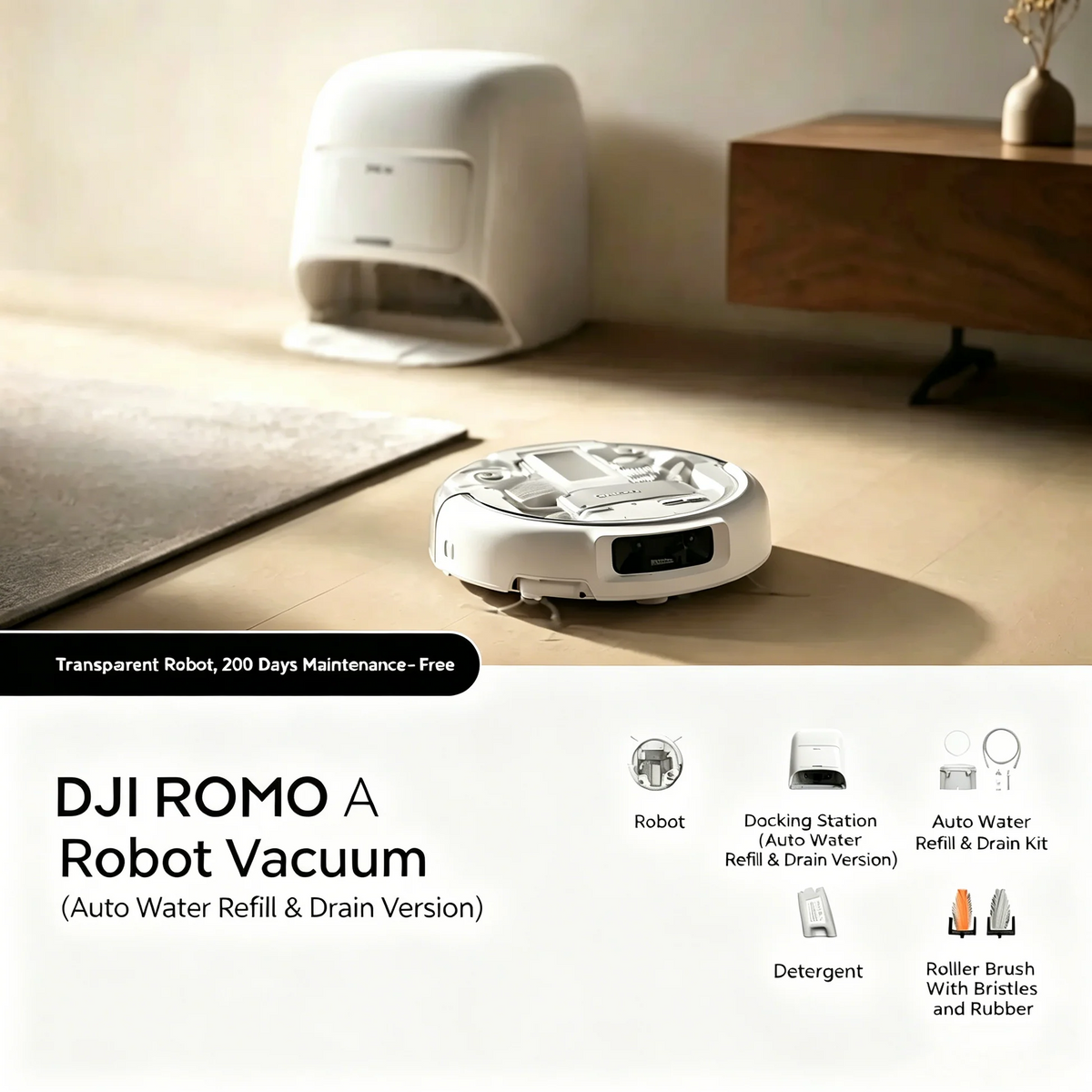 DJI ROMO A Robotic Vacuum and Mop Combo - Auto Refill & Drain Dock, 200 Days Maintenance-Free, Transparent Robot for Home Cleaning