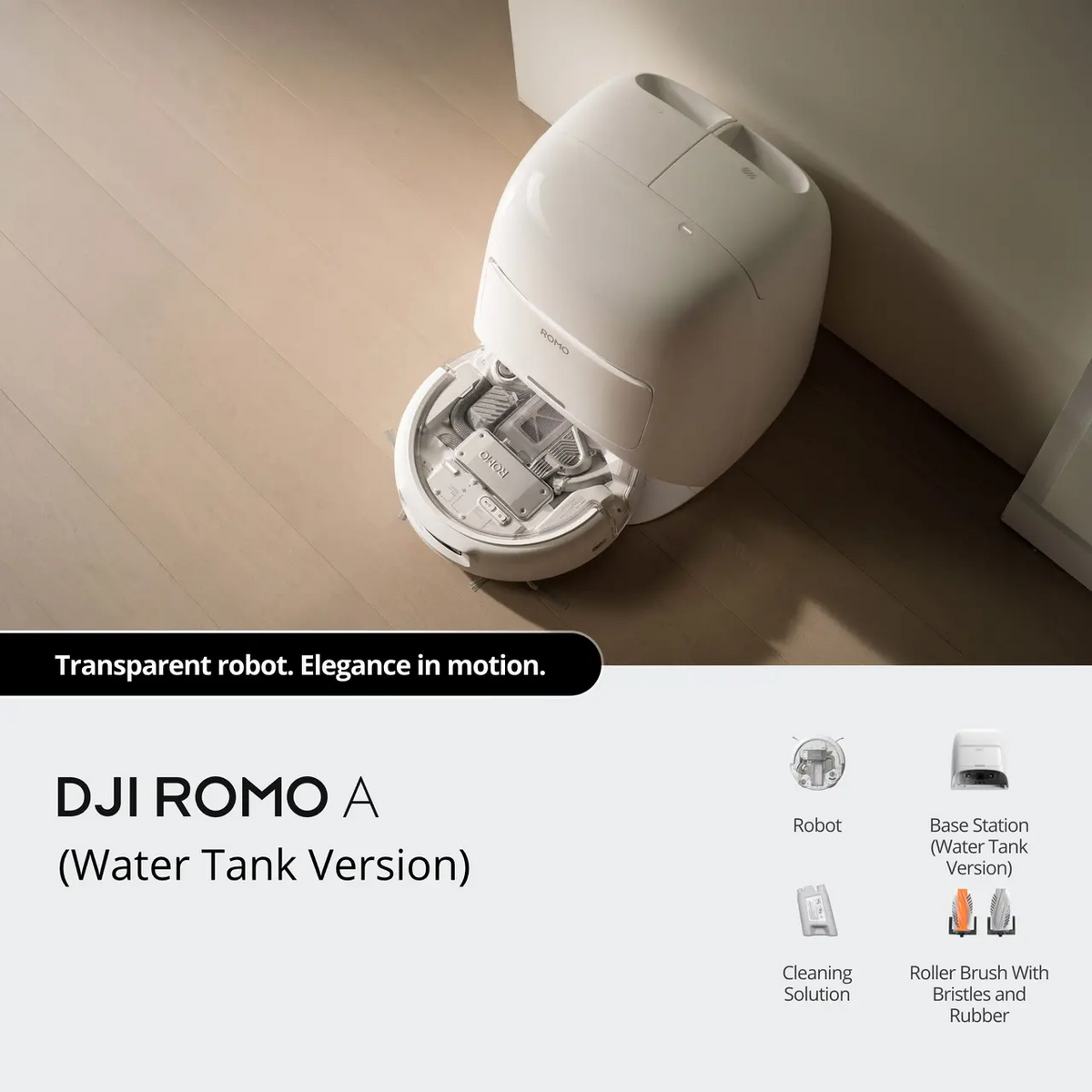 DJI ROMO A Robotic Vacuum and Mop Combo - Water Tank Version with Transparent Robot, Cleaning Solution and Bristle Roller Brush