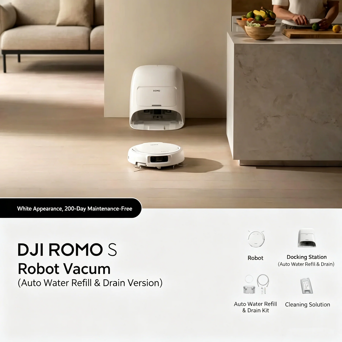 DJI ROMO S Robotic Vacuum and Mop Combo - Auto Refill & Drain Dock, 200-Day Maintenance-Free, White Minimalist Home Cleaning Robot